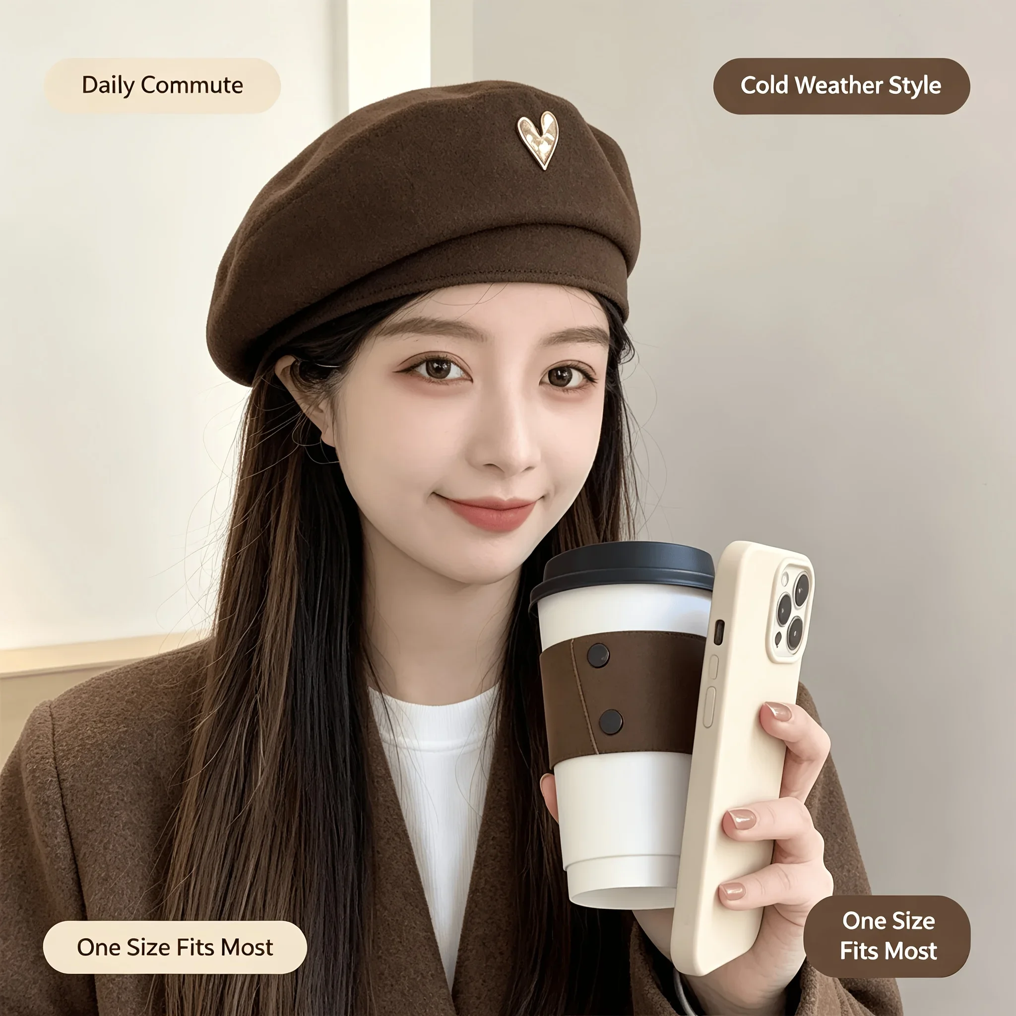 Vintage Women's Beret with Heart Pattern Material Suitable for Commuting Party Warm Portable Winter Accessory