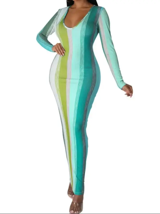 Damen Gestreiftes Geripptes Bodycon Maxikleid Langarm Rundhalsausschnitt Figurbetont Buntes Lässiges Partykleid – Detail 1