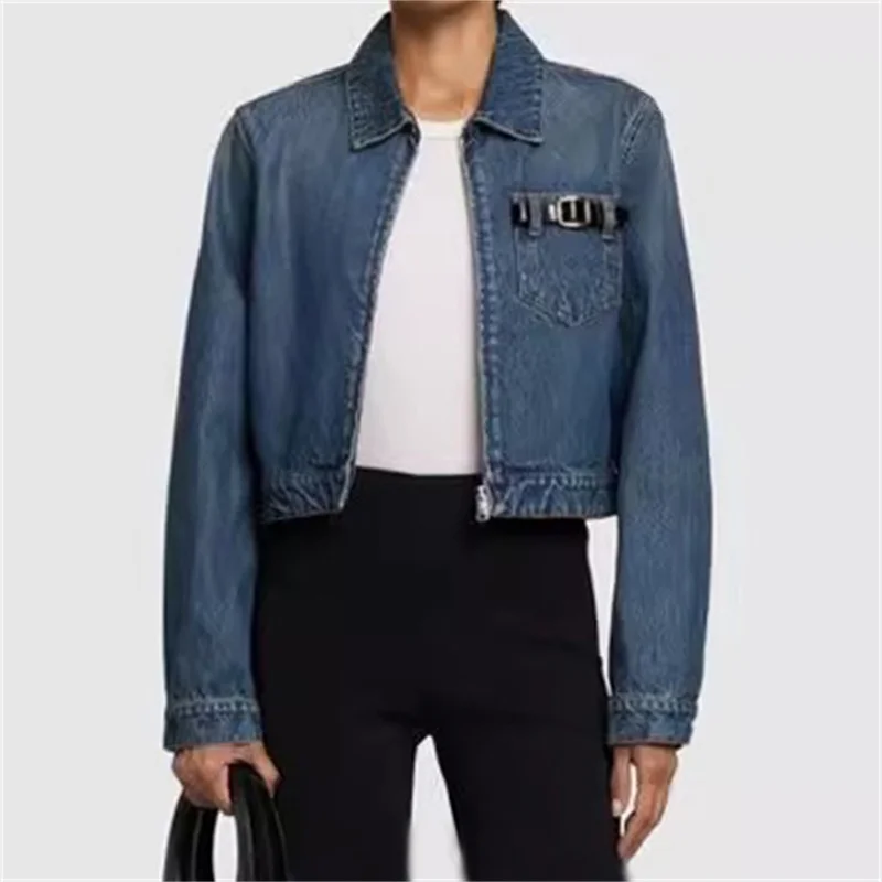 Women\'s denim jacket 2024 autumn New outerwear vintage washed pure cotton Women\'s coats Belt buckle decorative long sleeved Top