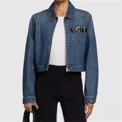 Women's denim jacket 2024 autumn New outerwear vintage washed pure cotton Women's coats Belt buckle decorative long sleeved Top