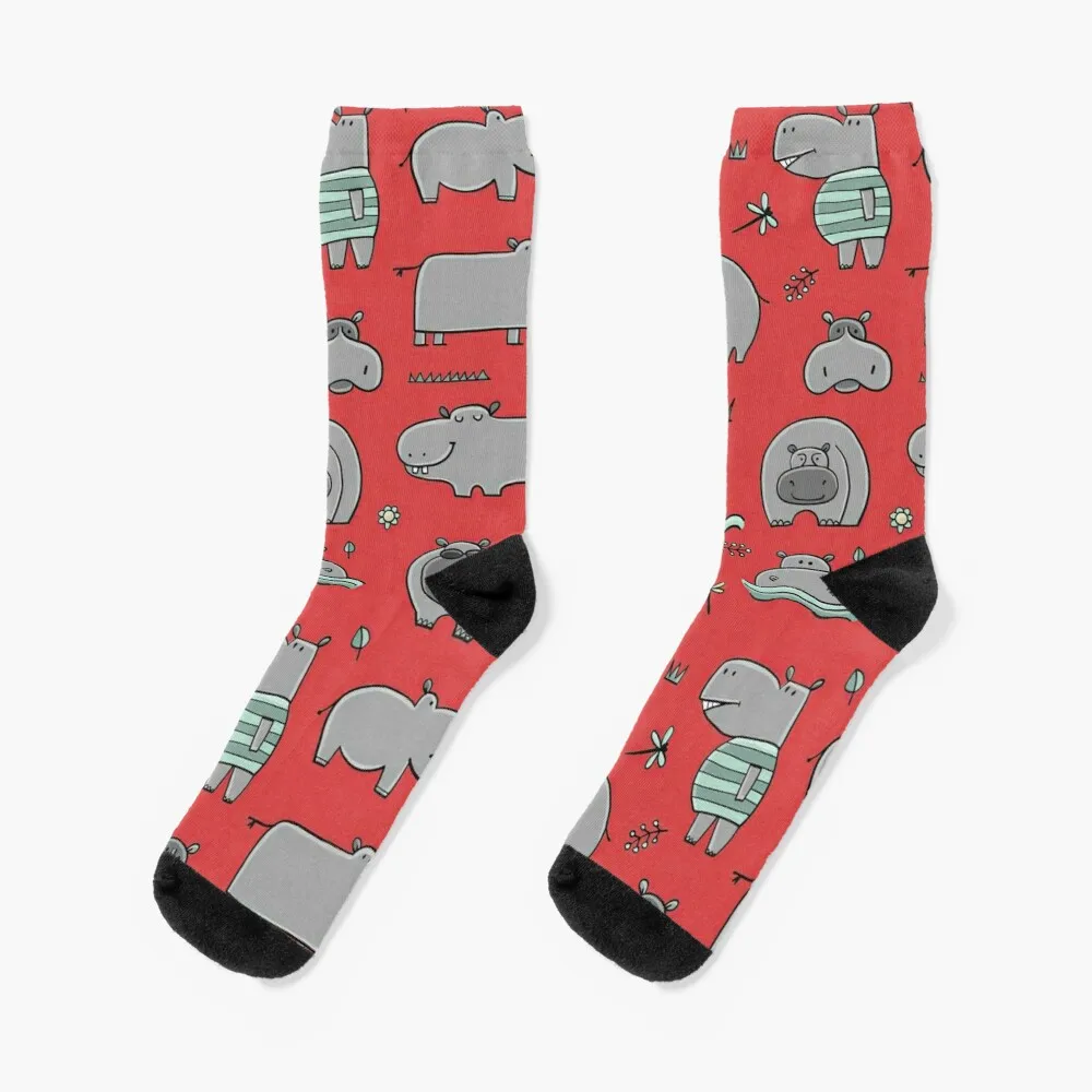 

Hippo With Birds On Red Socks Sock High Women