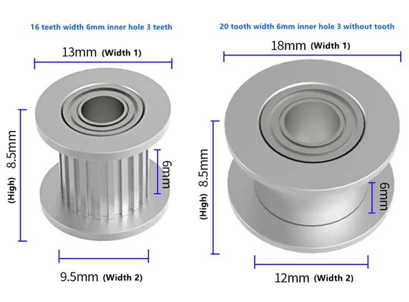 GT2 Umlenkrolle, 16 Zähne, 20 Zähne, mit 3 mm oder 5 mm Bohrung, mit Lagern für 3D-Druckerteile, Zahnriemen 6 mm, 10 mm – Detail 4