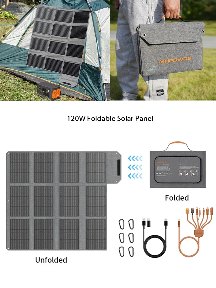 MHPOWOS 120W/80W/40W faltbares Solarpanel, USB-C/USB-A/DC-Ausgang, Solarladegerät für Mobiltelefone, wasserdichte Powerbank für Camping im Freien