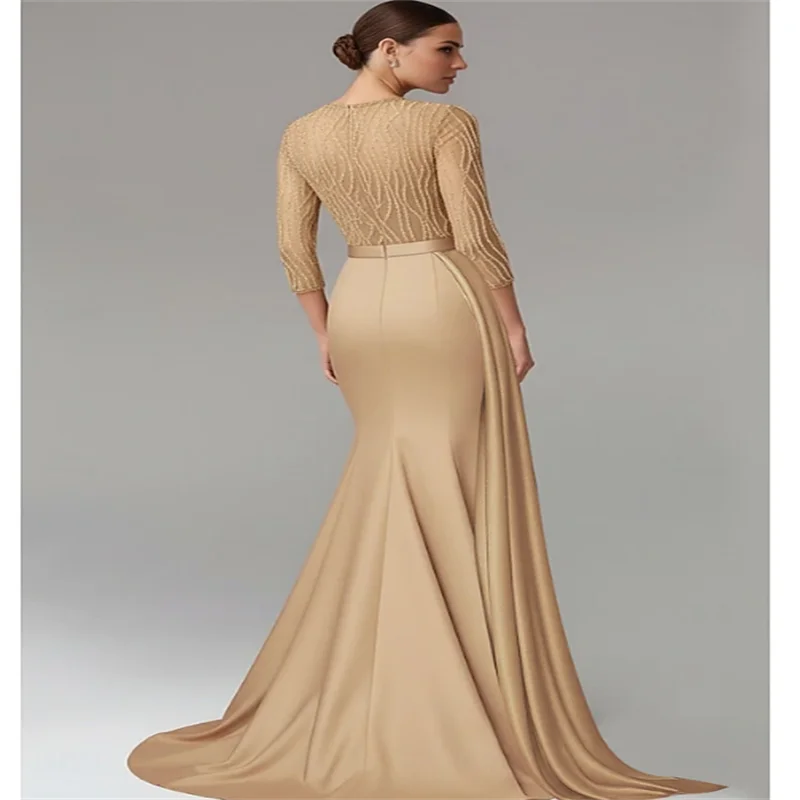 Sukienka wieczorowa na studniówkę w stylu syreny z rękawami, elegancka, z okrągłym dekoltem, szybka i błyszcząca, inspirowana stylem Dubaju, idealna na formalne okazje.