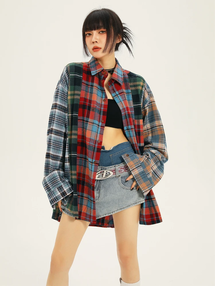 Shirts for Women Plaid Retro Nostalgic Hip Hop Slouchy Long Sleeve Streetwear All-match Harajuku Autumn American Style Vintage