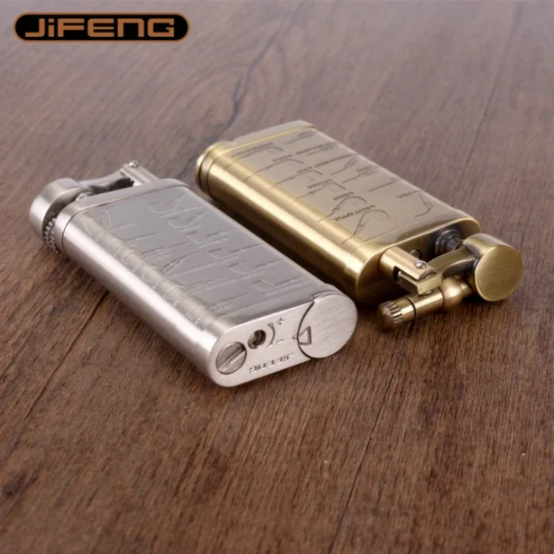 JIFENG Vintage Metal Grinding Wheel Brass Pipe Gas Lighter with Tobacco Pipe Tamper；Gentleman\'s Cigarette Cigar Butane Lighters