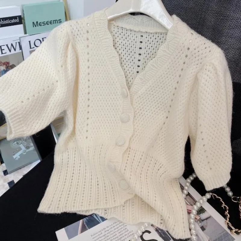 Women V-neck Thin Cardigan Chic Cropped Sweater Mujer Pull Femme Knitted Hollow Out Top 2024 Spring Summer Jacket