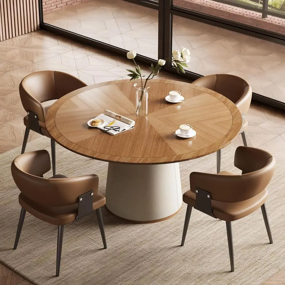 

Round Leather Base Dining Table for 4-6, Elegant Wood with Solid Veneer Top, 59.1 Diameter x 29.8 Height