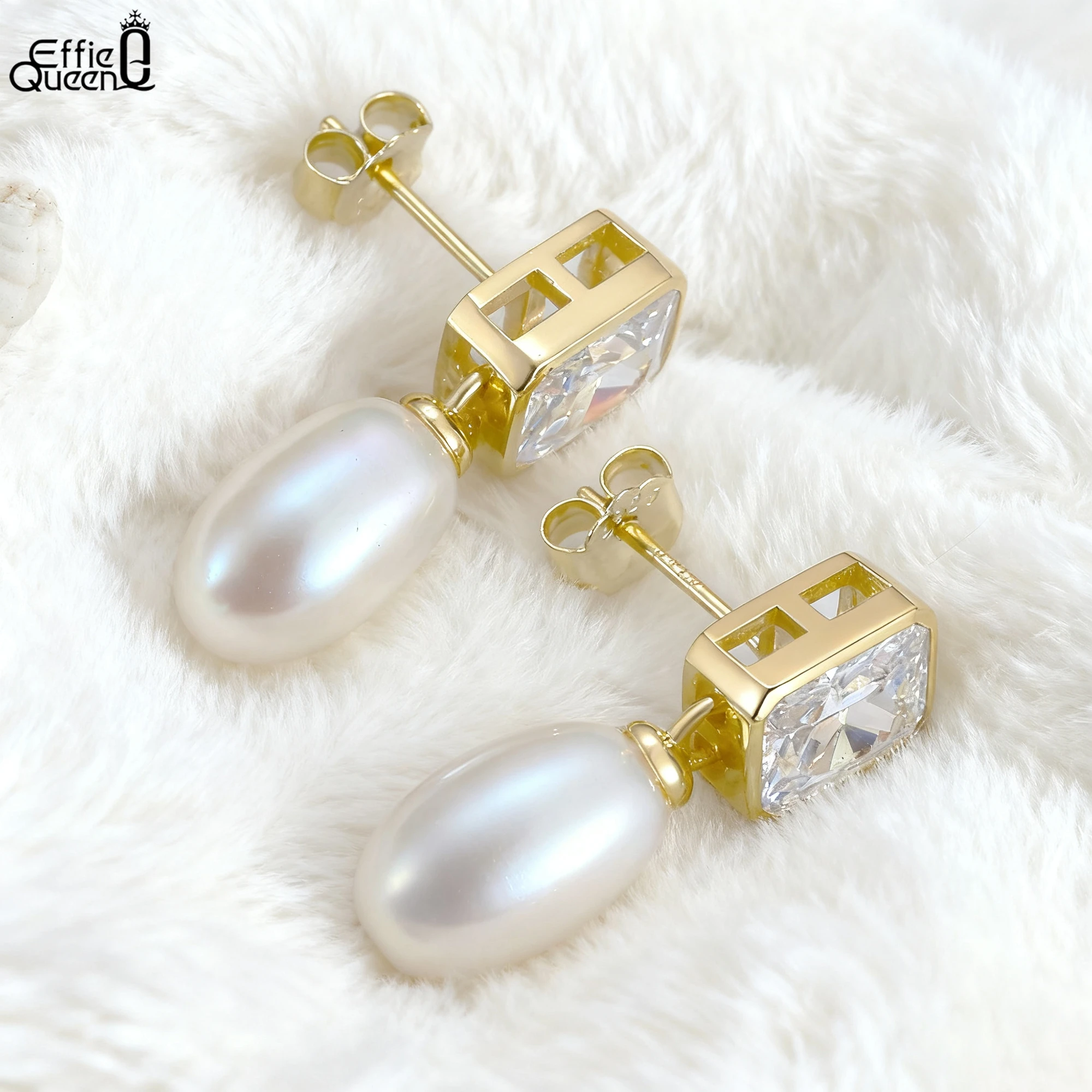 

Effie Queen 925 Pure Silver 14k Gold Oval Freshwater Pearl Drop Earrings Plus Zirconia Luxury Jewelry for Women Banquet GPE64