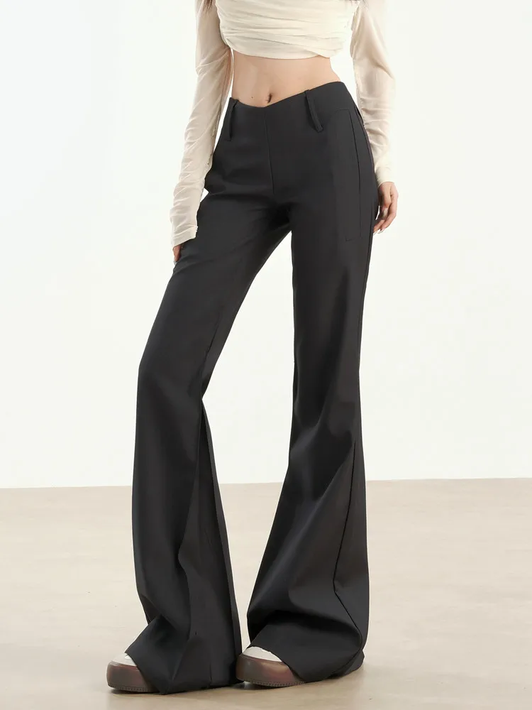 Low Rise Black Flare Pants Women Autumn Winter Korean Fashion Elegant Slim Fit Suit Trousers