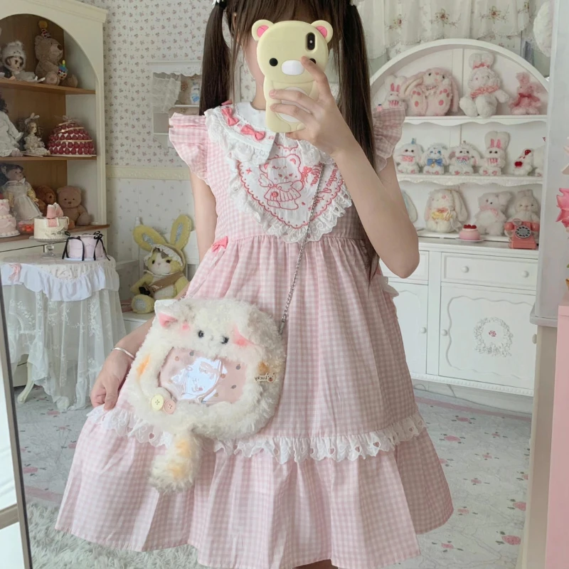 Pink Sweet Plaid Lolita Dress Women Kawaii Cute Bow Bear Embroidery Party Mini Dresses Female Vintage Elegant Fairy Dress Summer