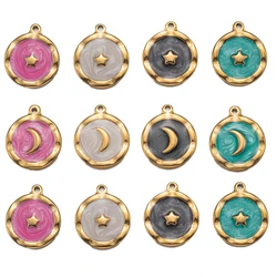 5pcs Gold Stainless Steel Enamel Dangle Charms Pendant Round Star Moon Pendants for DIY Bracelet Necklace Earring Jewelry Making