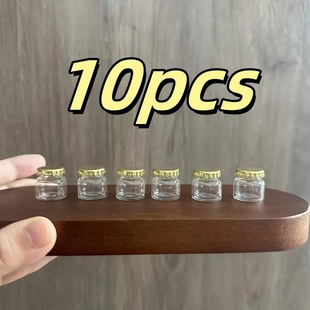 10 mini-bouteilles en verre mignonnes avec bouchons dorés, modèle de cuisine, pot en verre, figurines miniatures DIY, fournitures d'artisanat