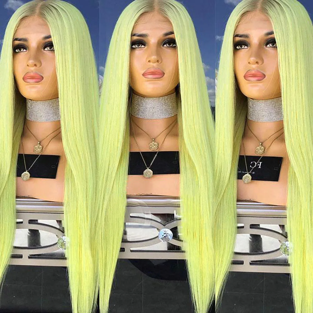 Synthetic Hair Lemon Yellow Viral Long Straight Wig Middle Part No Bangs Heat Resistant Wig for Women Cosplay Daily Party