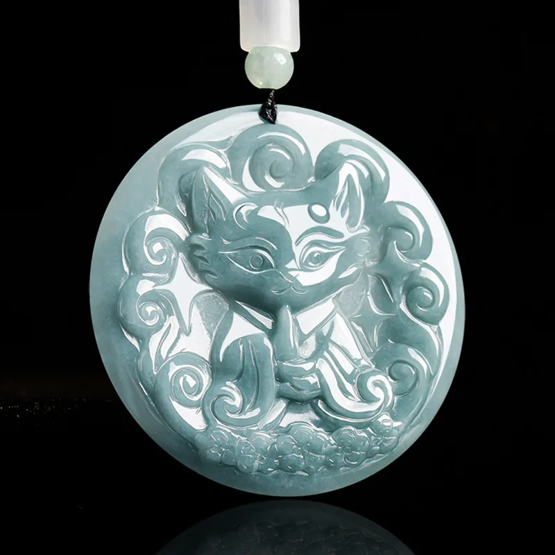 หยกธรรมชาติแท้สีฟ้าน้ําแกะสลัก Fox Fairy Nine-tailed Fox จี้ Jadeite สร้อยคอจี้แฟชั่นผู้หญิง Amulet ของขวัญ