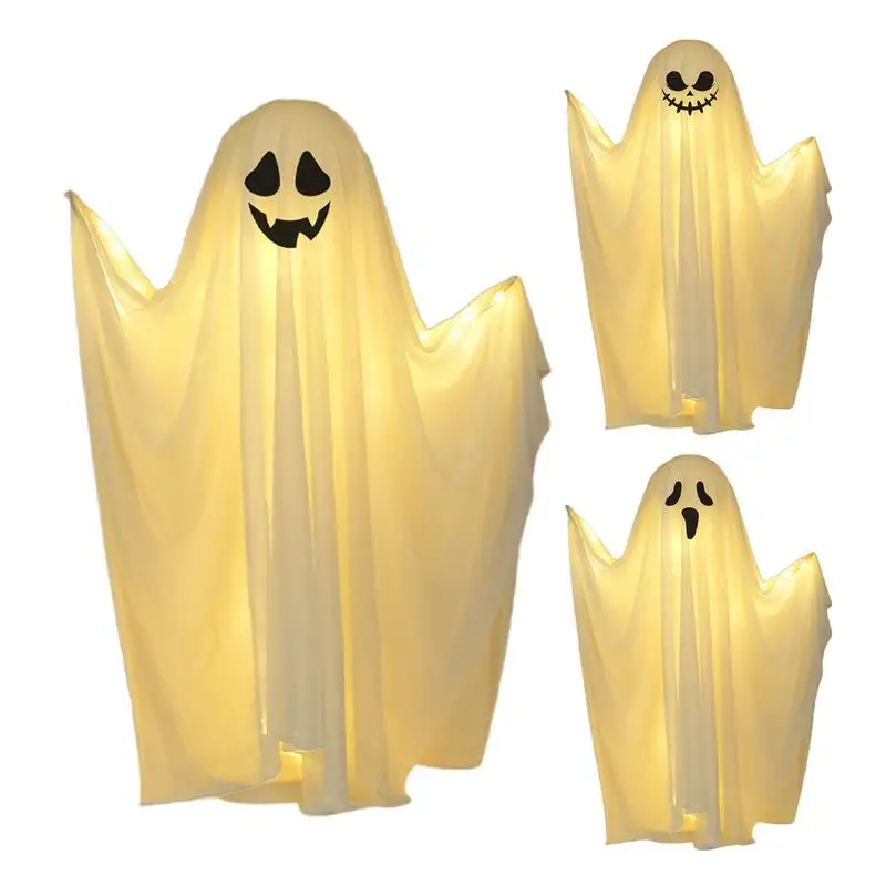 

2024 LED Glow Party White Cloth Halloween Ghost For Home Indoor Outdoor Haunted House Bar Hanging Horror Props With Lights