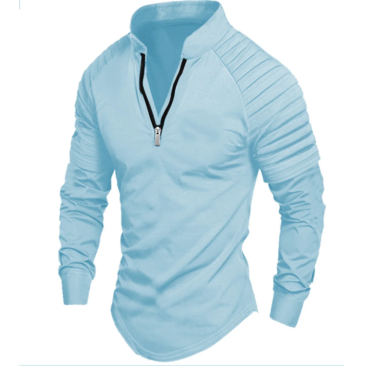 Spring and Autumn Men\'s Outdoor High Street Style Solid Color Zipper Arm Wrinkle Design Muscle Sports Long Sleeve POLO shirt