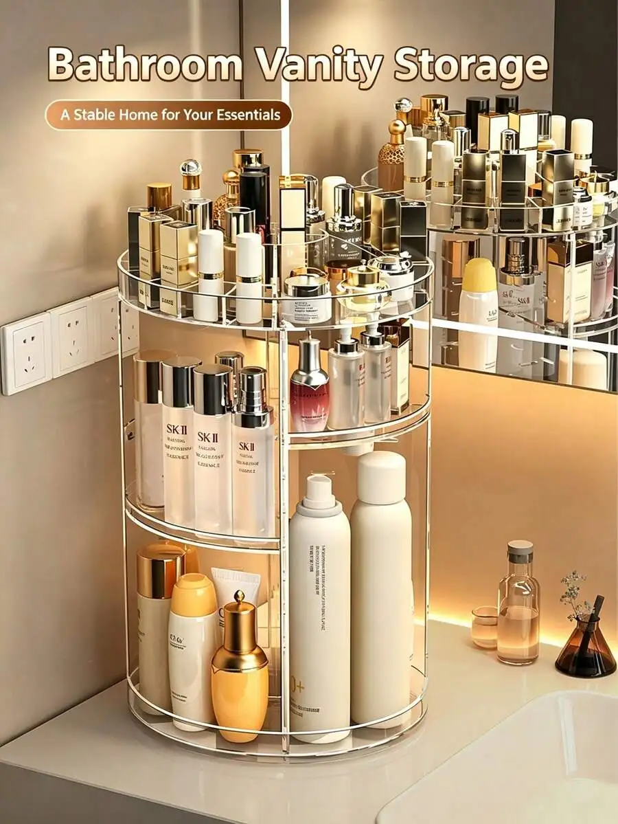 1 Set Cosmetic Storage Rack, 360° Rotating Makeup Organizer, Transparent Acrylic Adjustable Rotating Cosmetic Holder, Large Capa