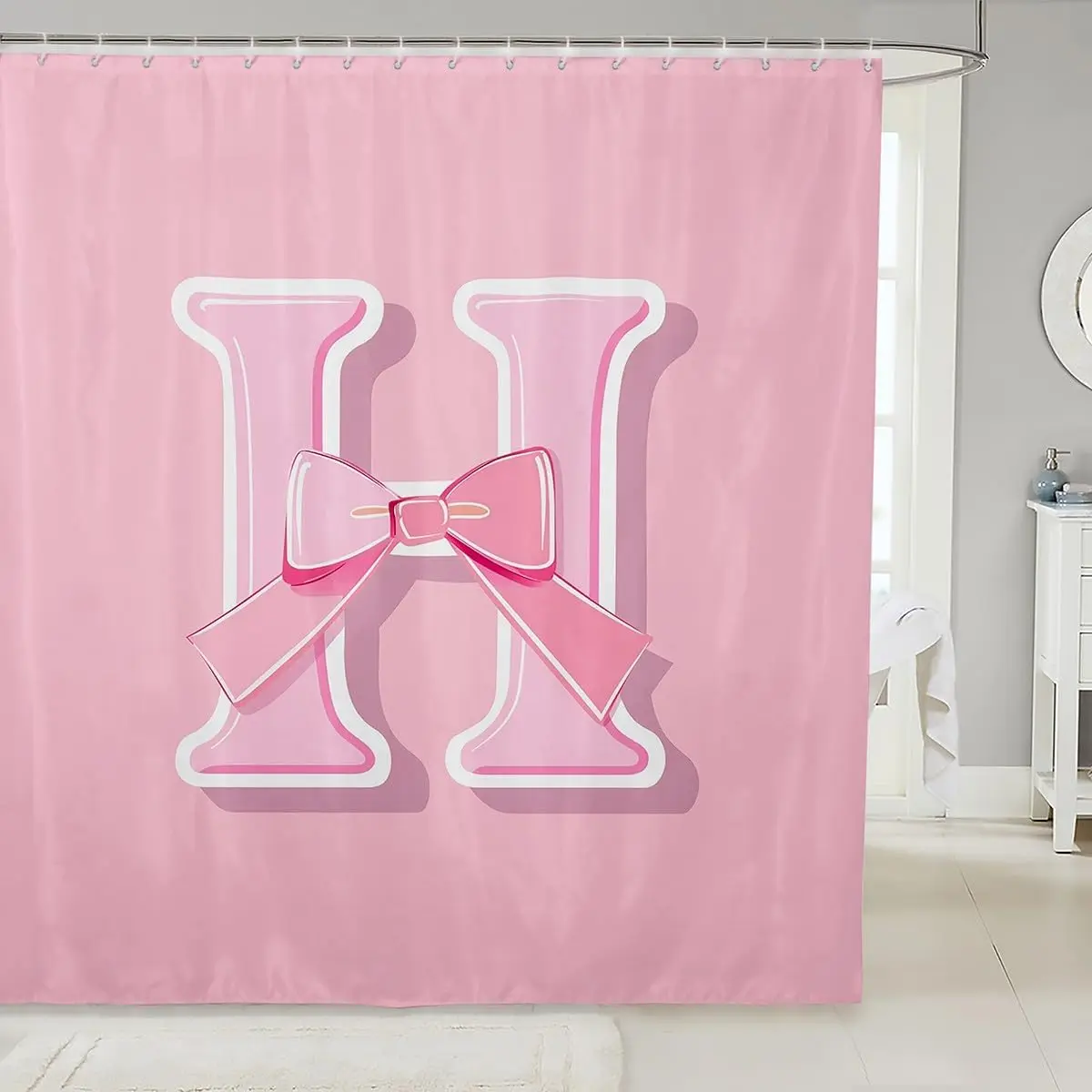 

Розовая занавеска для душа с буквой H и бантом, монограммный дизайн, милый декор для ванной комнаты девочки, красивый декор для ванной, персонализированный.