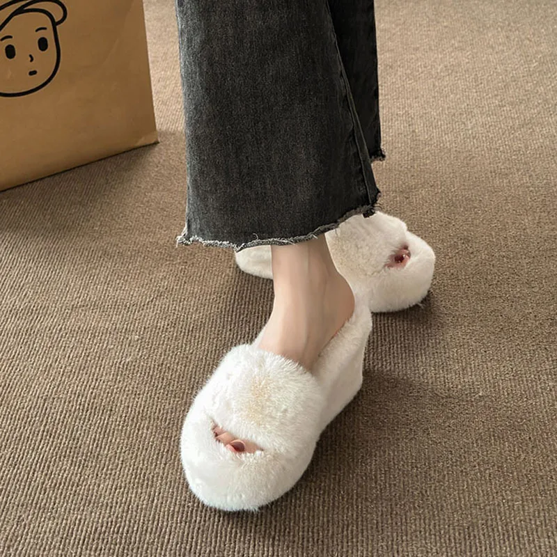 2024 Luxury New Women Feminine High-heeled Fur Drag Outdoor All-match Shoes Slippers Round Head Wedges with Mink Fur Slippers