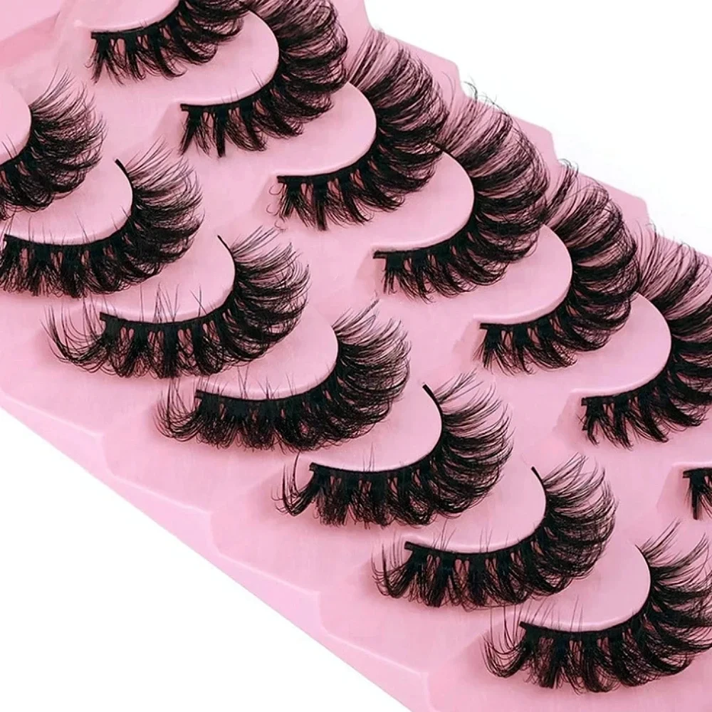 Russo Strip Lashes com D Curl, Volume Fofo, Cílios Postiços, Dramático Sujo, Faux Mink, Cílios Wispy, Maquiagem Profissional, 7 Pares