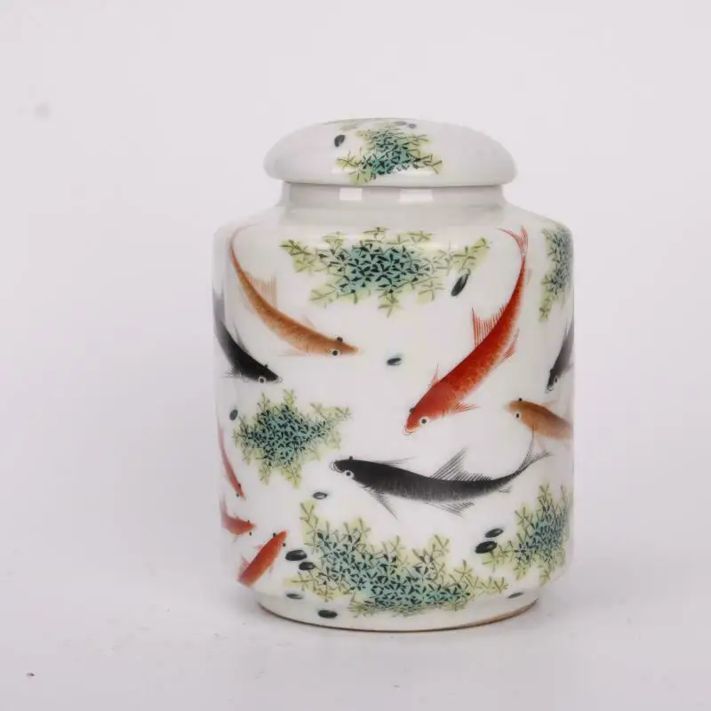 Chinese Antiques Handmake Porcelain Pastel Fish Pattern Tea Leaf Jar Qq32