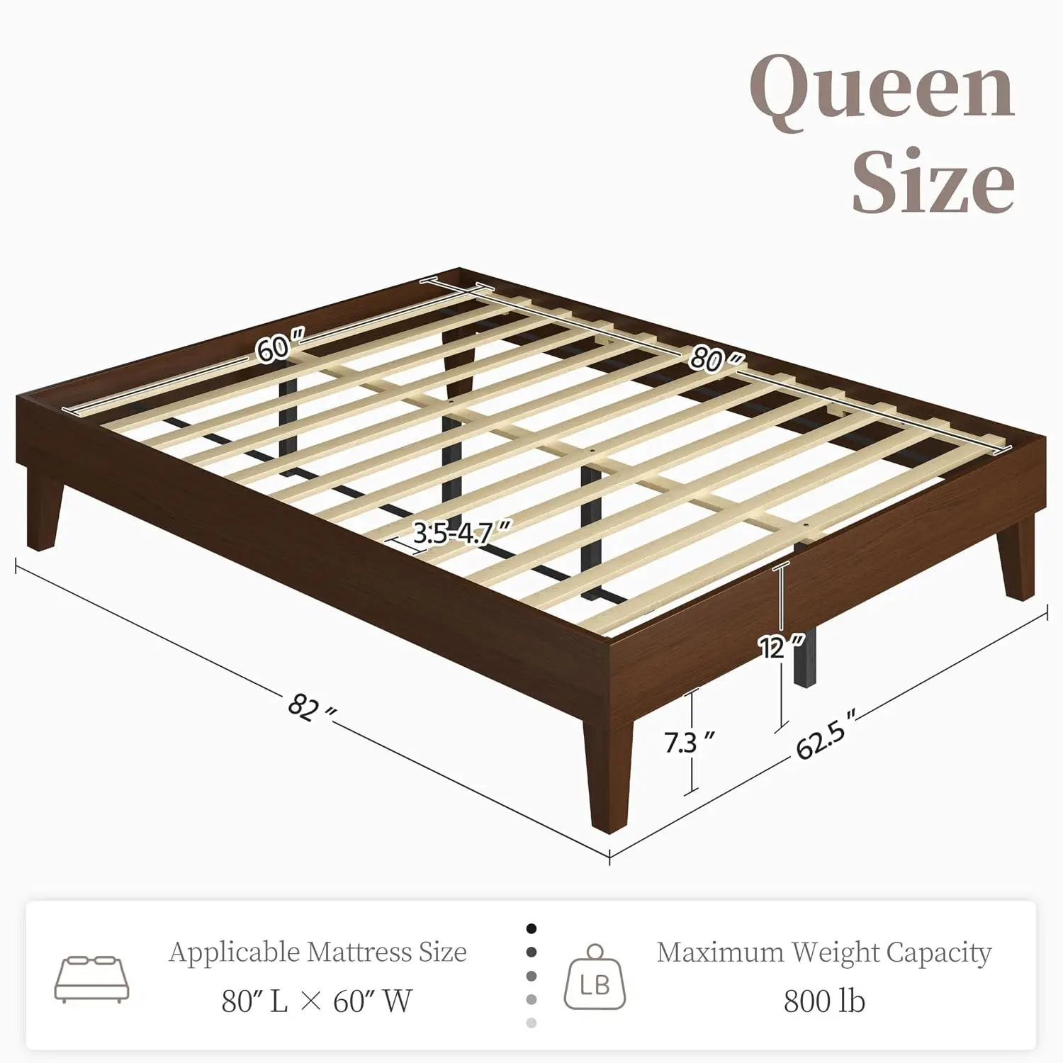 Queen Size Solid Wood Platform Bed Frame Low-Profile Dark Walnut | Sturdy rubberwood frame with 12, Customized
