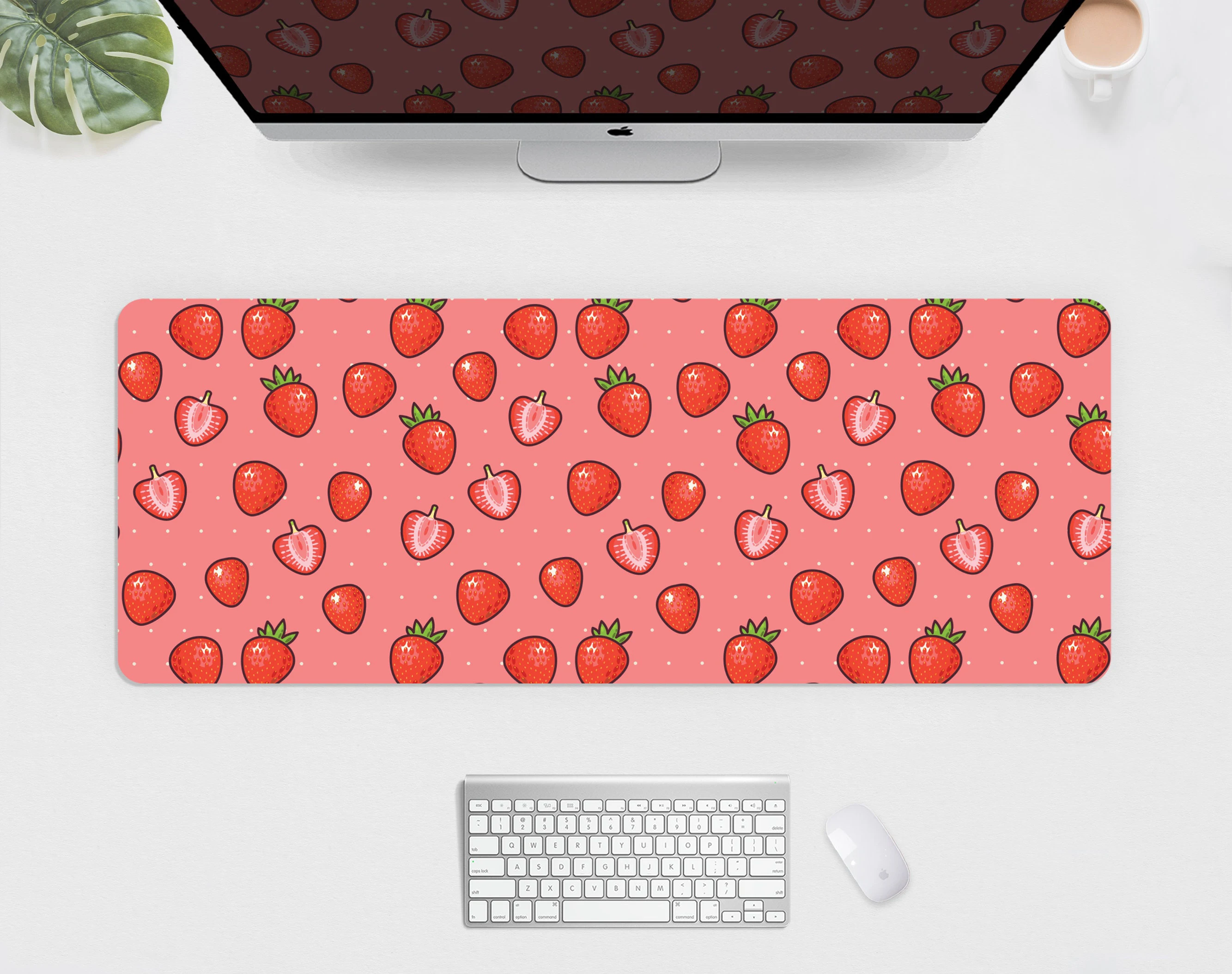 Strawberry Desk Mat Kawaii Mousepad Cute Red Pink Berry Fruit Milk Anime Aesthetics Girly Mouse Pad Kawai XXL Gaming Deskmat