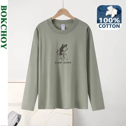 2024 Autumn New Simple Printed 100% Cotton Men T-shirts Long Sleeve Casual Round Neck Soft Men Tops BOK1104