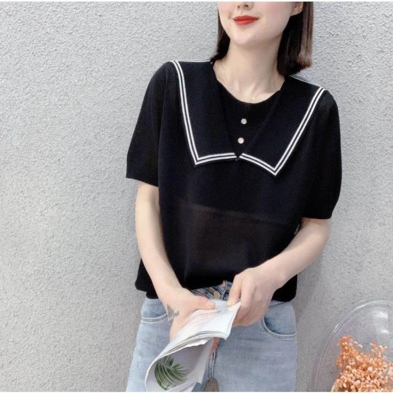 

Women Navy Collar Cropped Knit Sweater Female Casual Half Sleeve Solid Color Pullovers Ladies Streetwear Bottoming Shirt G108