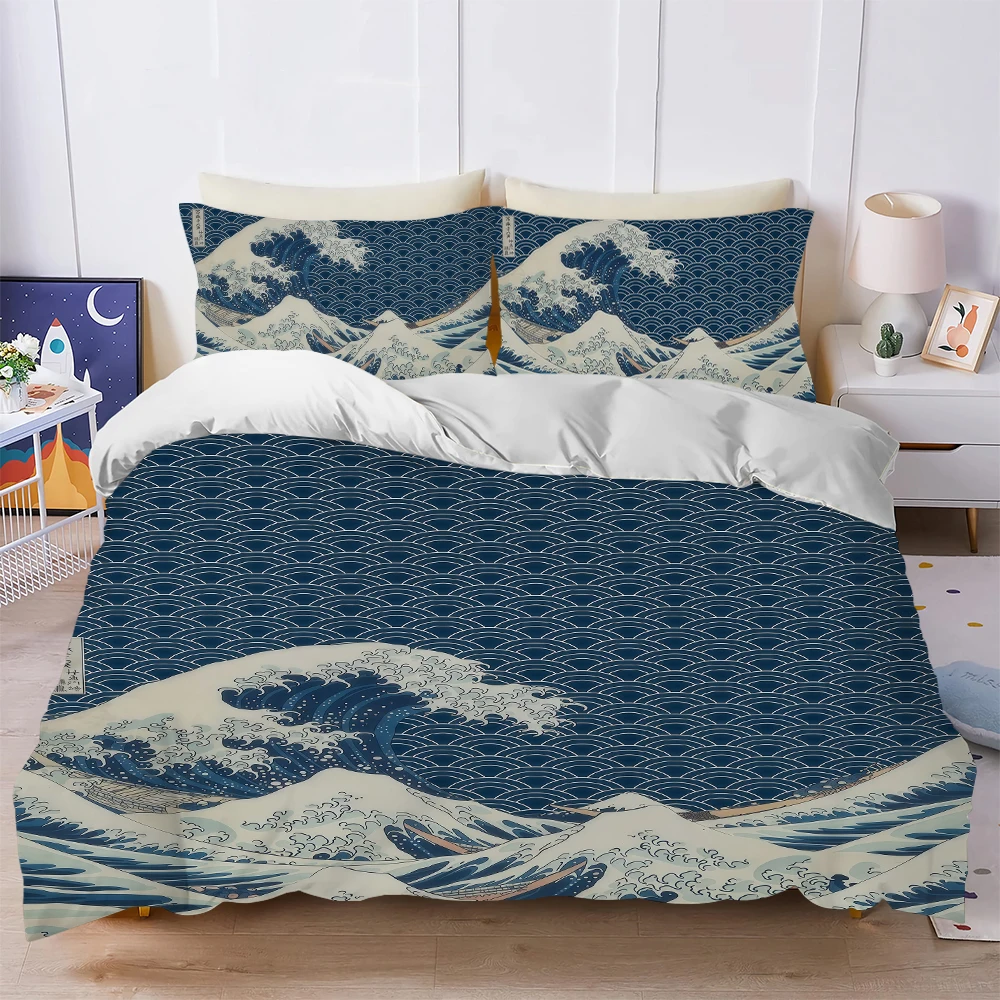 T-The Great Wave off Kanagawa Duvet Cover Set Home Style Bedding Soft Laundry Cotton Bed 3 Piece Set Student Dormitory Gift