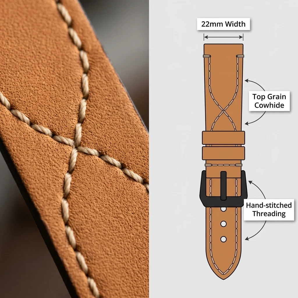 22mm Handmade Stitching Top Grain Leather Watch Band Stainless Steel Pin Buckle 20CM Fashion Business Replacement Watch