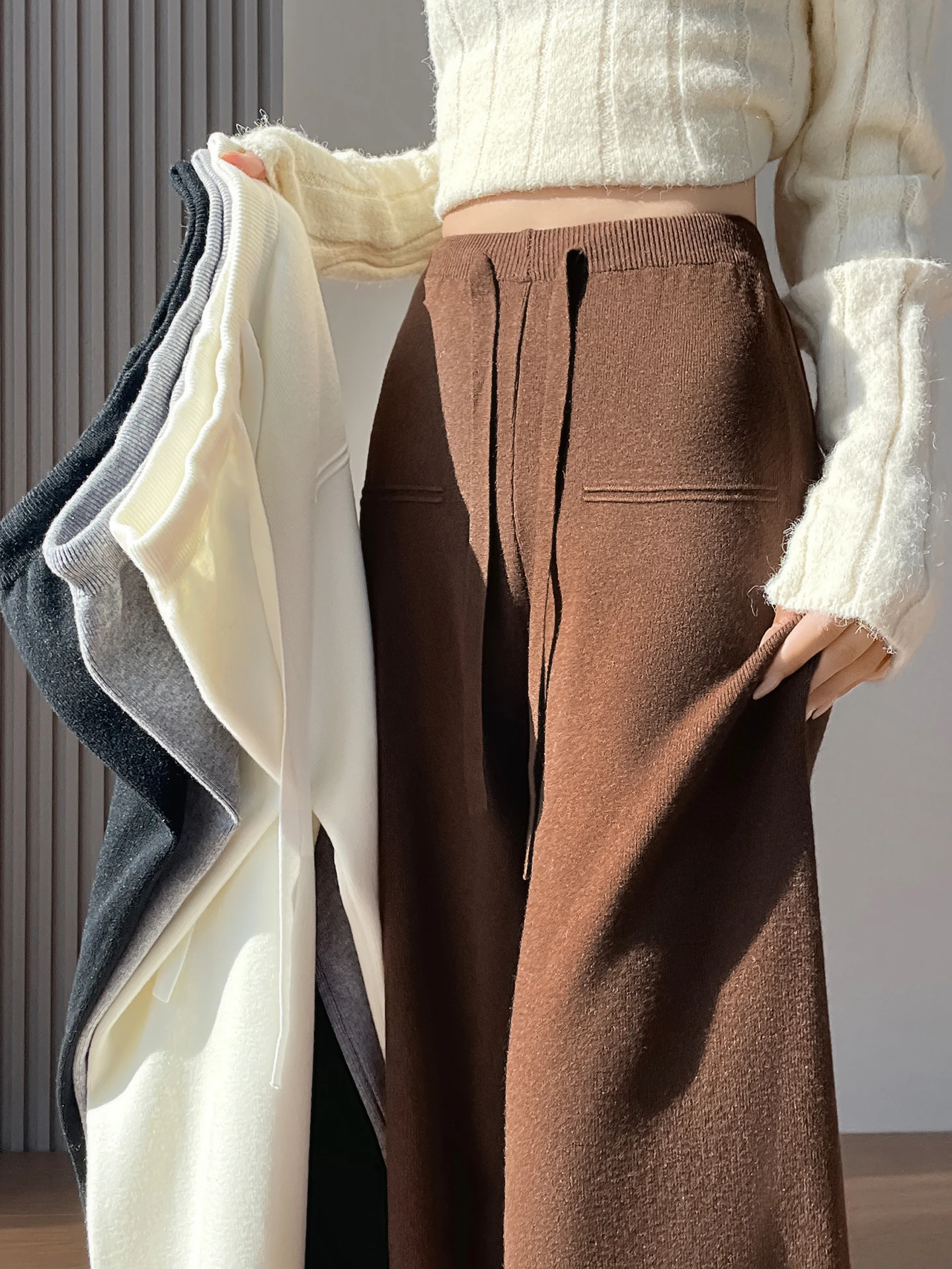 لينة محبوك عالية الخصر ثنيات بنطال ذو قصة أرجل واسعة الخريف الشتاء القمح اللون بناطيل كاجوال Fem Ele طول الأرض تريكو