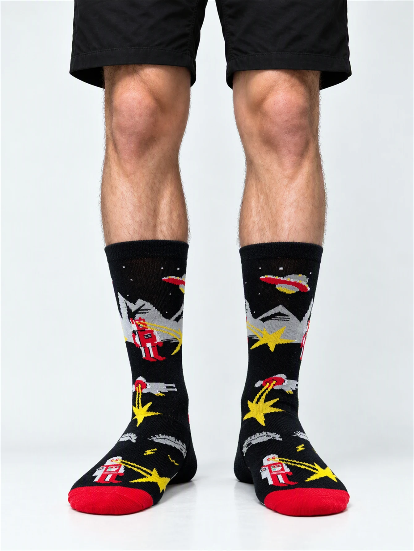 Novelty Cartoon Cotton Socks For Men Women Retro Giant Robot UFO Space Battle Graphic Socks Funny Mid-Tube Cotton Socks Unisex