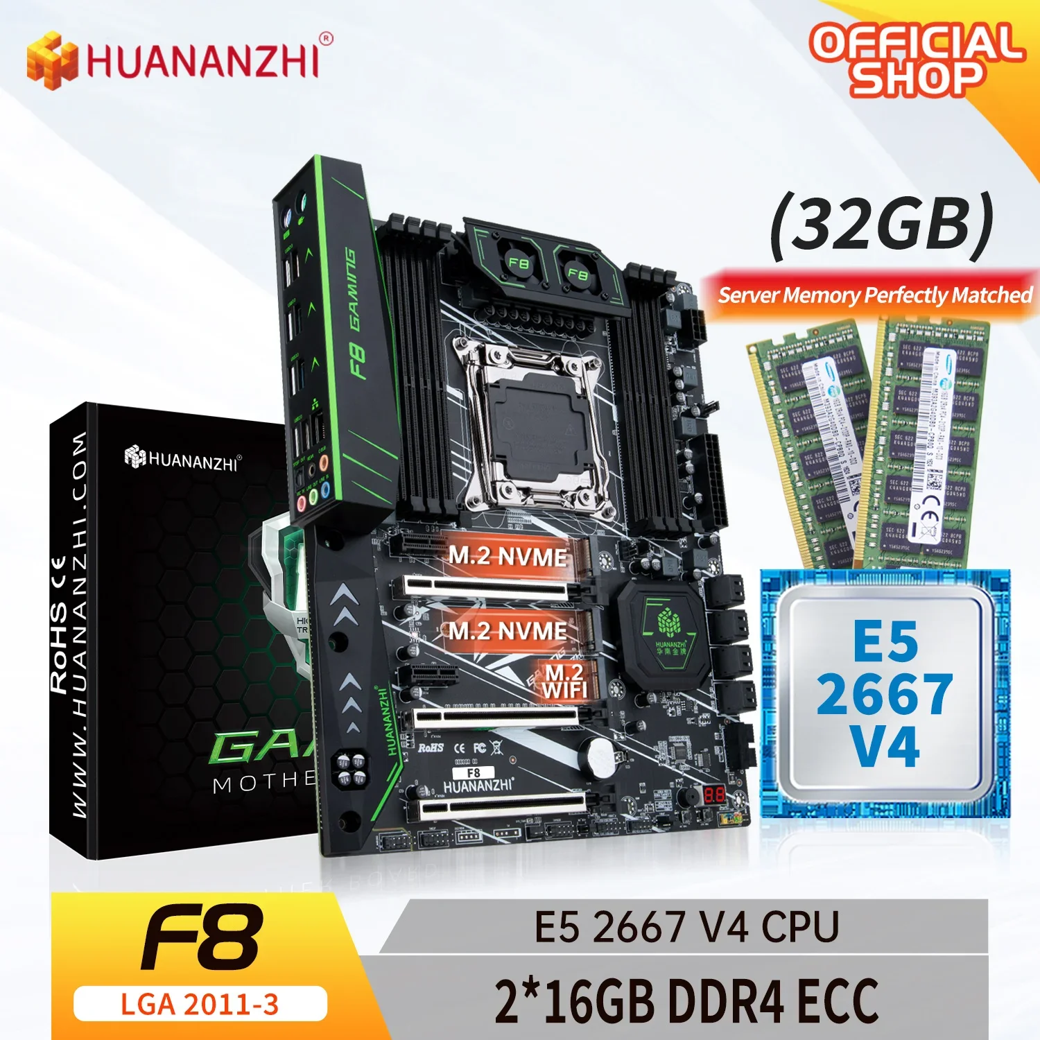 HUANANZHI X99 F8 LGA 2011-3 XEON X99 Motherboard with Intel E5 2667 v4 with 2*16G DDR4 ECC memory combo kit set NVME SATA