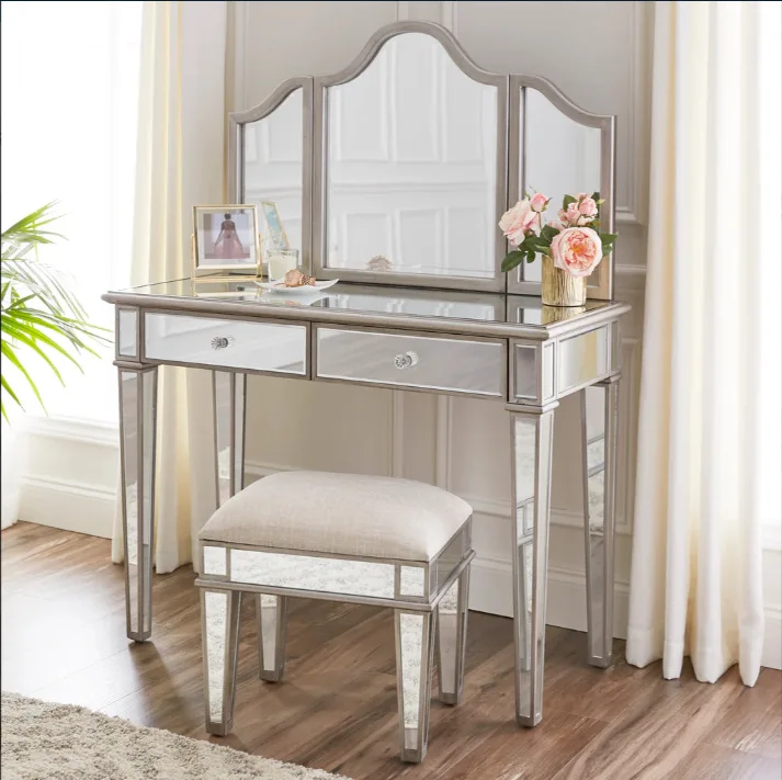 Vintage girls' dressing table folding mirror stool set bedroom makeup table set
