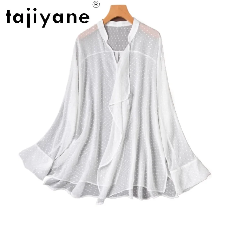 

TAJIYANE 100% натуральный шелк тутового шелкопряда, белая блузка средней длины с V-образным вырезом, накидка с длинным рукавом, летний топ для женщин, одежда 2026, рубашка