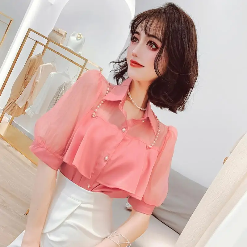 Elegant Lapel Spliced Beading Gauze Hollow Out Puff Sleeve Shirt Women's Clothing 2023 Summer New Casual Tops Office Lady Blouse