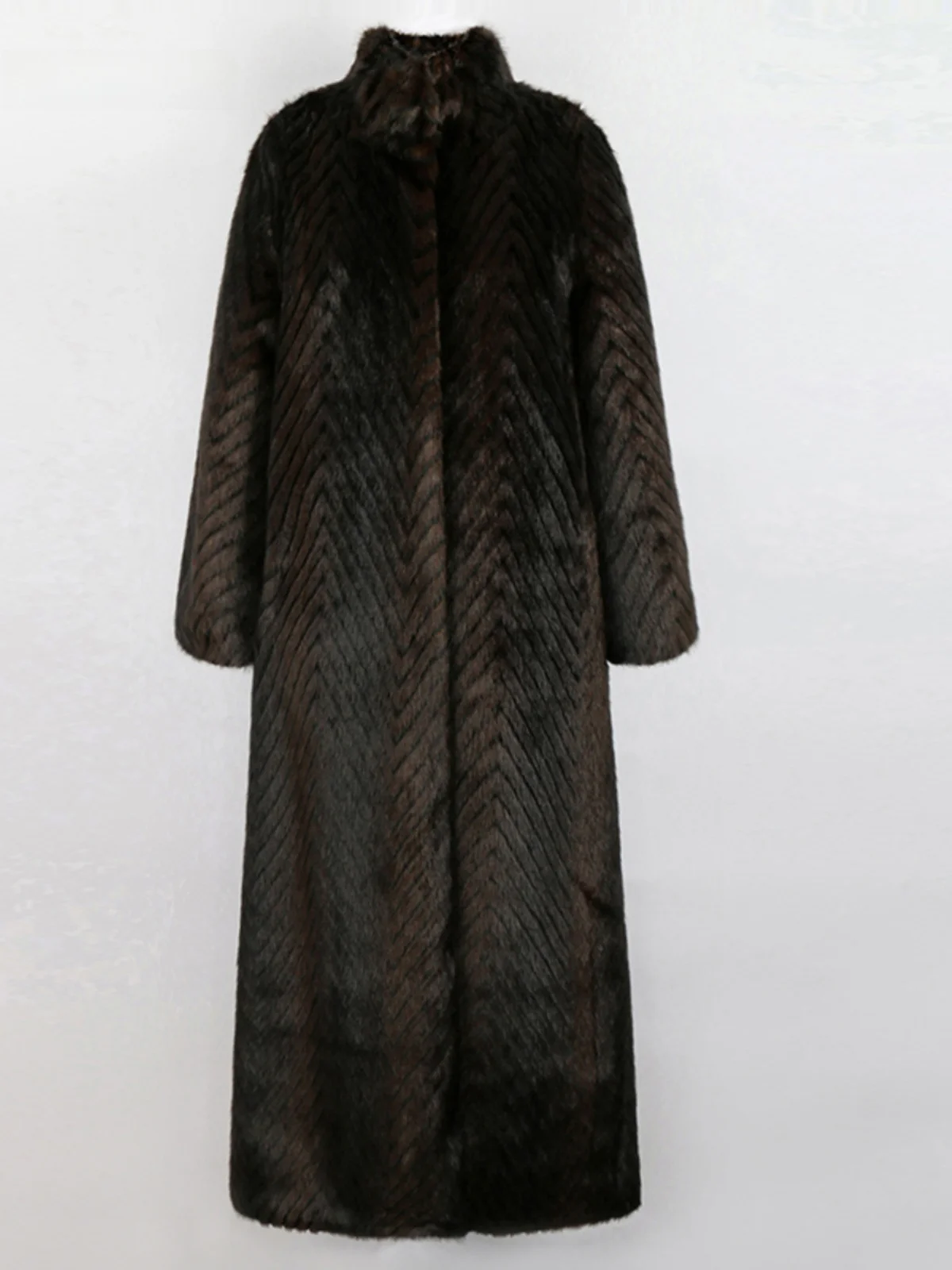Nerazzurri Faux Fur Coat Women's Extended Length to Ankle Stand Collar A-Line plus Size Fur Plush Coat OL Style Long Sleeve