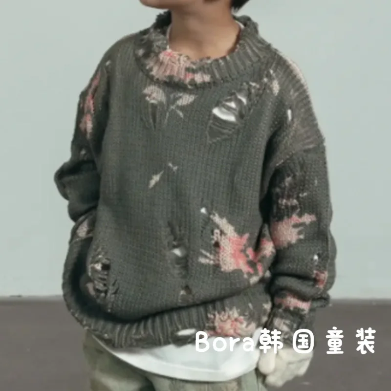 Boys Sweater Wool Coat Kids Tops Knitting 2023 Floral Thicken Warm Winter Autumn Velvet Cottons Toddler Children\'s Clothing