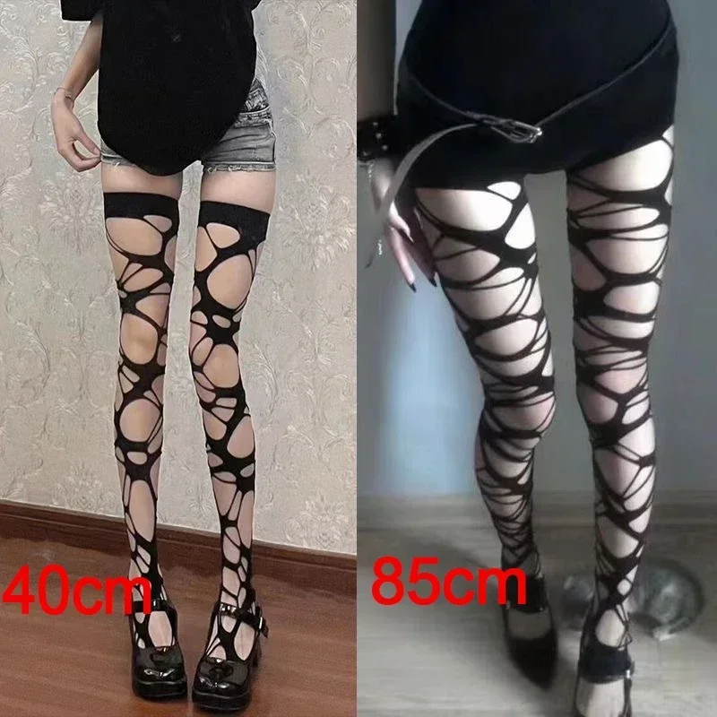 Trendy Punk Torn Strap Holes Tights Nue Sexy Lolita Gothic Spider Web Stockings Ladies Y2k Black Mesh Soft Tights High Hosiery