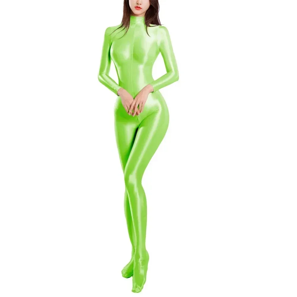 

Women One-pieces Lingerie Sexy Long Sleeve Sheer Slim Jumpsuits Solid Color Zipper Swimwear Catsuits Oil Glossy Smooth Bodysuits