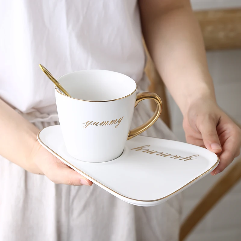 Ceramic Coffee Cups Saucer Spoon Set Dessert Plate Golden Rim Milk Tea Mug Home Porcelain Cafe Cup Birthday Couples Gift