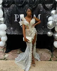 Aso Ebi Sexy Illusion Deep Slit Long Prom Dresses for African Black Women 3D Leaf Designs Sparkly Beaded Wedding Night Gowns