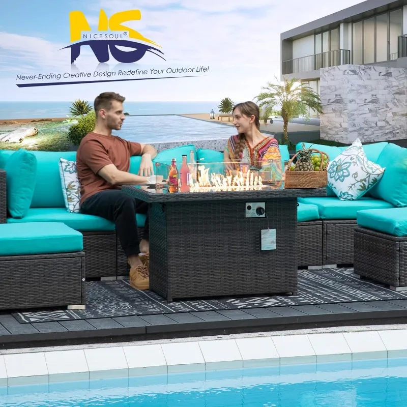 7 Pcs-A w/FirepitModern Large Size Turquoise Patio Furniture Set with Propane/Gas Firepit Table Wicker Sectional Sofa Sets