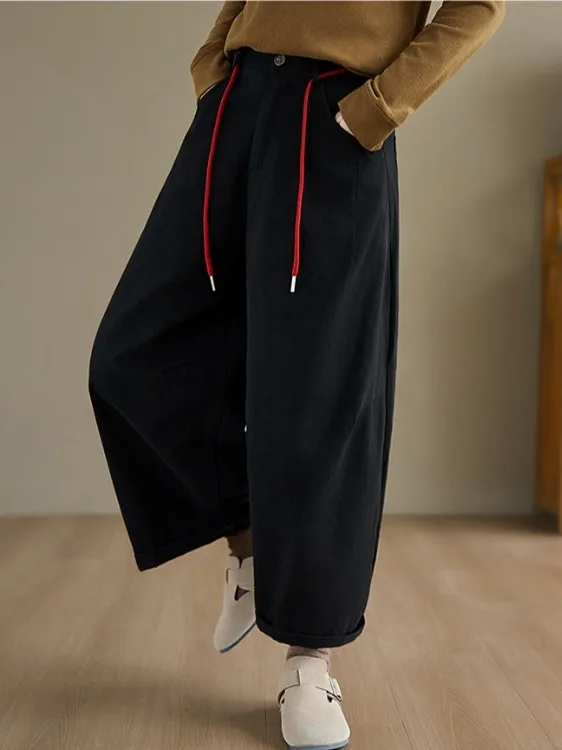 

Loose Faionable Retro Wide Leg Pants Color Blo Waist Design Casual Trousers for plus Size Women Autumn Season Ladieswear