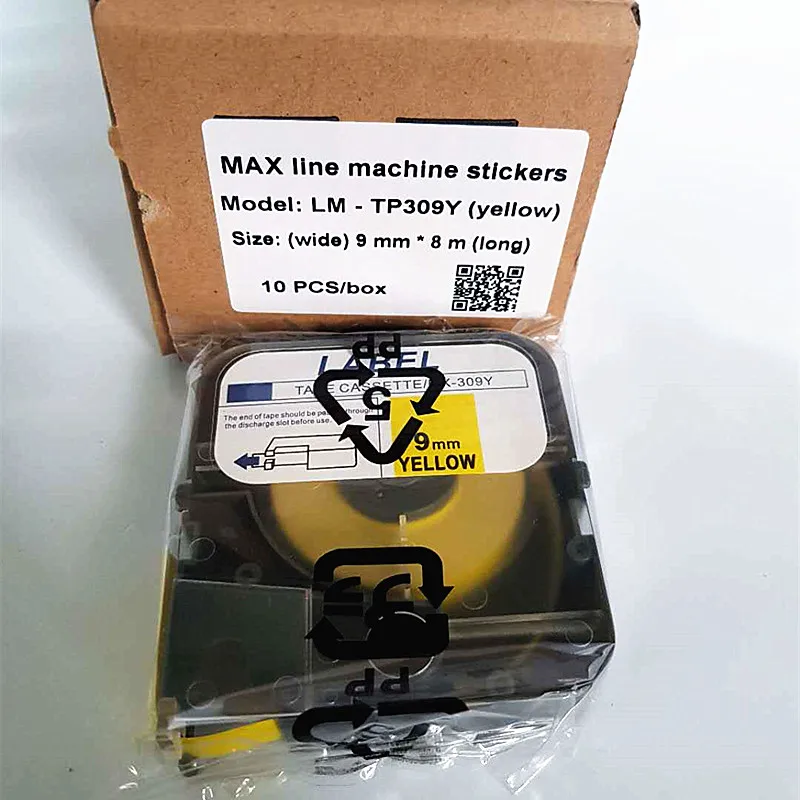 10pcs Max Line Machine Stickers Tube Printer Label Tape Core 9mm*8m LM-TP309Y( Yellow) Cable ID Printer LM-380E,LM-390A