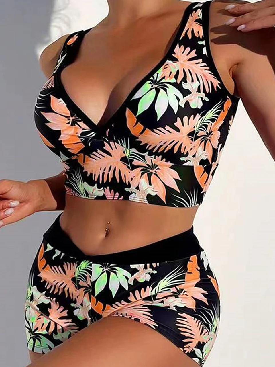 Deep V-neck Bikinis Swimsuit 2024 Women High Waist Sports Shorts Swimwear Lady Print Bathing Suit Female Bathers Swimming Summer