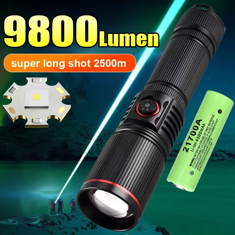 New 2500M Powerful Led Flashlights 9800lm Super Bright Torch Charging Zoom 18650 Hand Light High Power Long Shot Camping Lantren