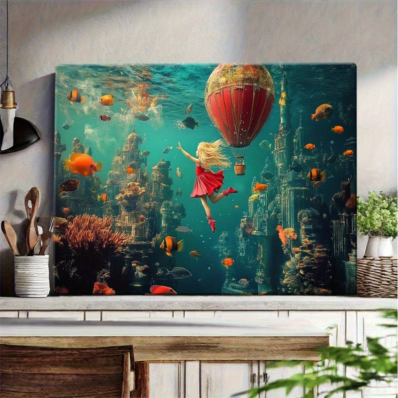 Frameless canvas paintings,Underwater Girl in Red Hot Air Balloon Poster Prints Fish Coral Reef Canvas Painting Wall Art Picture